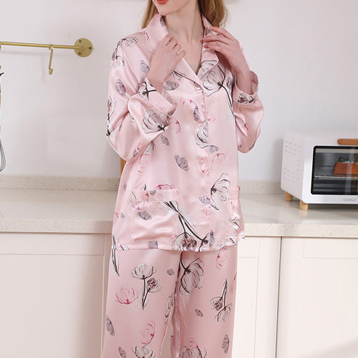 19m/m Silk Pajamas Thin Printing Lapel Long-Sleeved Trousers Loungewear [SLP0004]