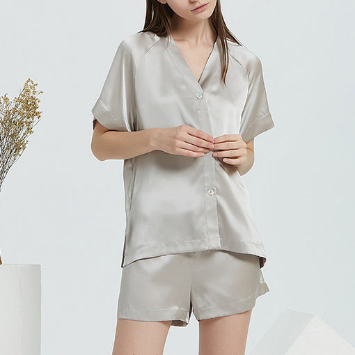 16m/m Silk Pajamas comfortable V-neck Short-Sleeved Shorts Loungewear Set [SLP0022]