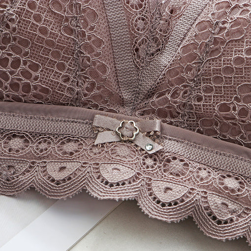 Gathering Elegant Lace Mulberry Silk Bow 3/4 Cup Wireless Underwear Bras & Bralettes [GDBR0049]