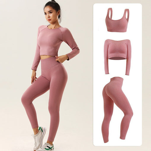 3pcs Lift Butt High Stretch Yoga Sports Set Sports Bra Long Sleeves Leggings [GTYG0017]