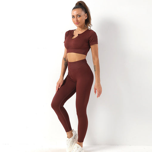 2pcs Seamless Lift Butt Yoga Sports Set Short Sleeves Leggings [GTYG0021]