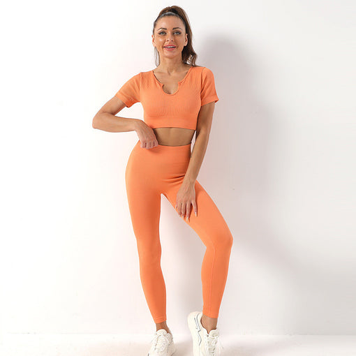 2pcs Seamless Lift Butt Yoga Sports Set Short Sleeves Leggings [GTYG0021]