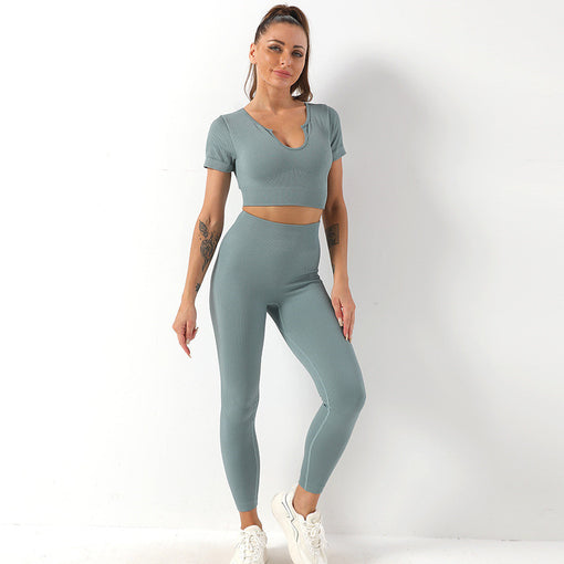 2pcs Seamless Lift Butt Yoga Sports Set Short Sleeves Leggings [GTYG0021]