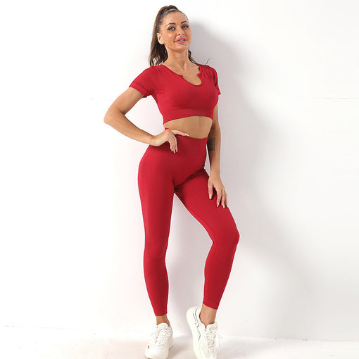 2pcs Seamless Lift Butt Yoga Sports Set Short Sleeves Leggings [GTYG0021]