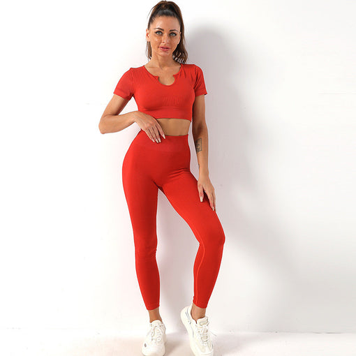2pcs Seamless Lift Butt Yoga Sports Set Short Sleeves Leggings [GTYG0021]