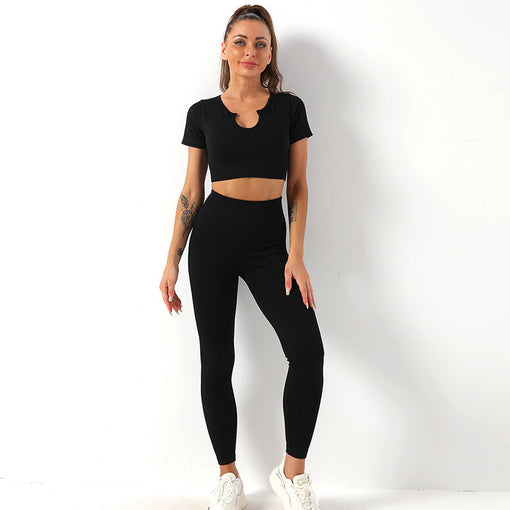 2pcs Seamless Lift Butt Yoga Sports Set Short Sleeves Leggings [GTYG0021]