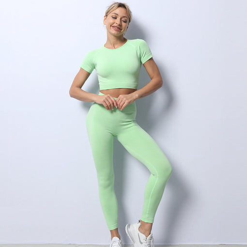 2pcs Seamless Lift Butt Quick-Drying Yoga Sports Set Short Sleeves Leggings [GTYG0035]