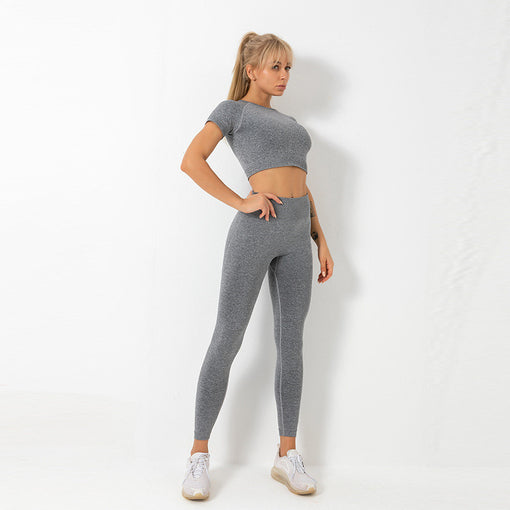 2pcs Seamless Lift Butt Quick-Drying Yoga Sports Set Short Sleeves Leggings [GTYG0035]