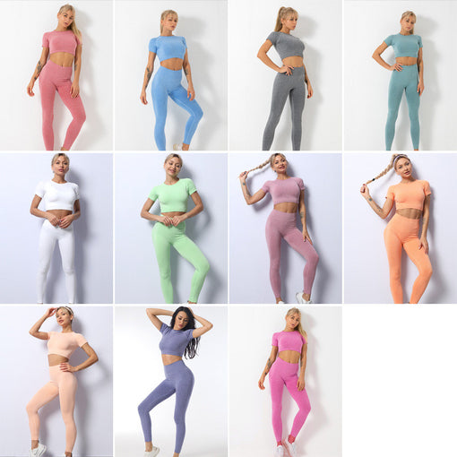 2pcs Seamless Lift Butt Quick-Drying Yoga Sports Set Short Sleeves Leggings [GTYG0035]