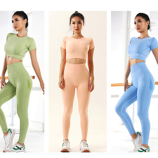 2pcs Seamless Lift Butt Quick-Drying Yoga Sports Set Short Sleeves Leggings [GTYG0037]