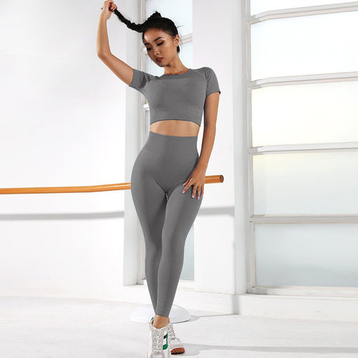 2pcs Seamless Lift Butt Quick-Drying Yoga Sports Set Short Sleeves Leggings [GTYG0037]