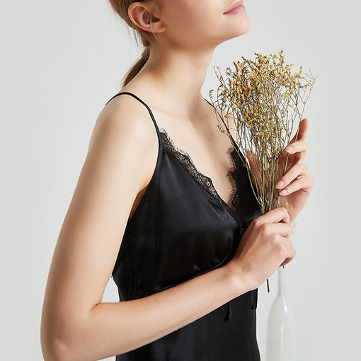 100% Mulberry Silk Sexy Cami Backless Summer Nightdress Lace Elegant Black Night Robe [SLP0015]