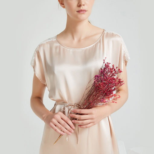 19m/m Sexy Silk Night Robe Women Lace-up Short-Sleeved Nightdress [SLP0020]